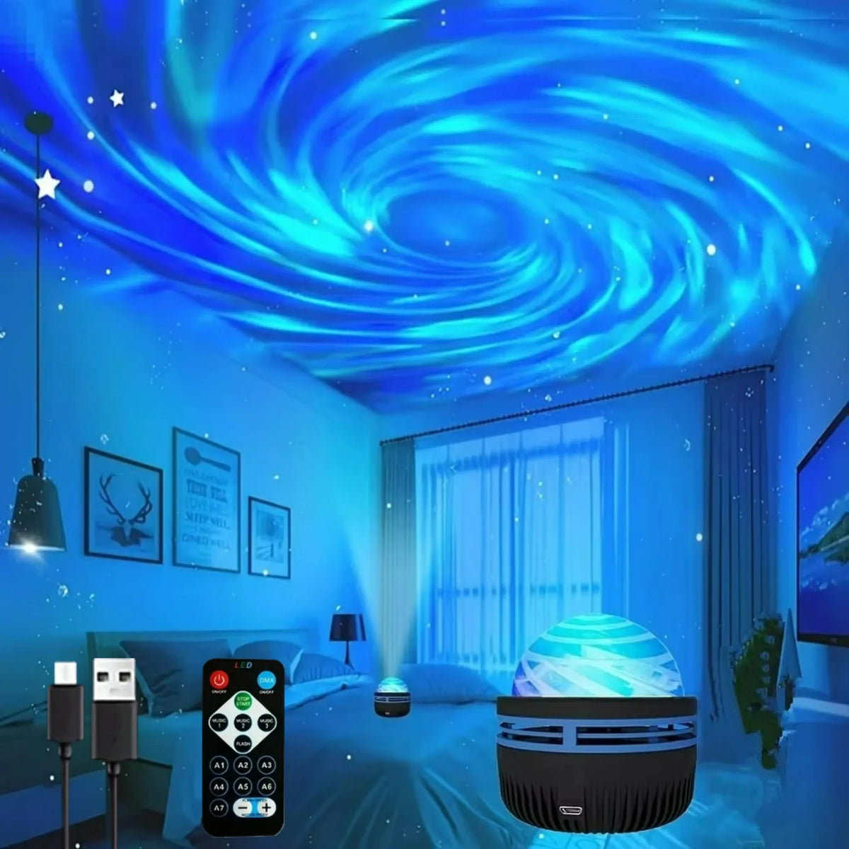 Projecteur LED Ciel Étoilé RGB Galaxie Lampe d'Ambiance Projection Noël Halloween Télécommande 7 Couleurs Rotation Automatique Maison