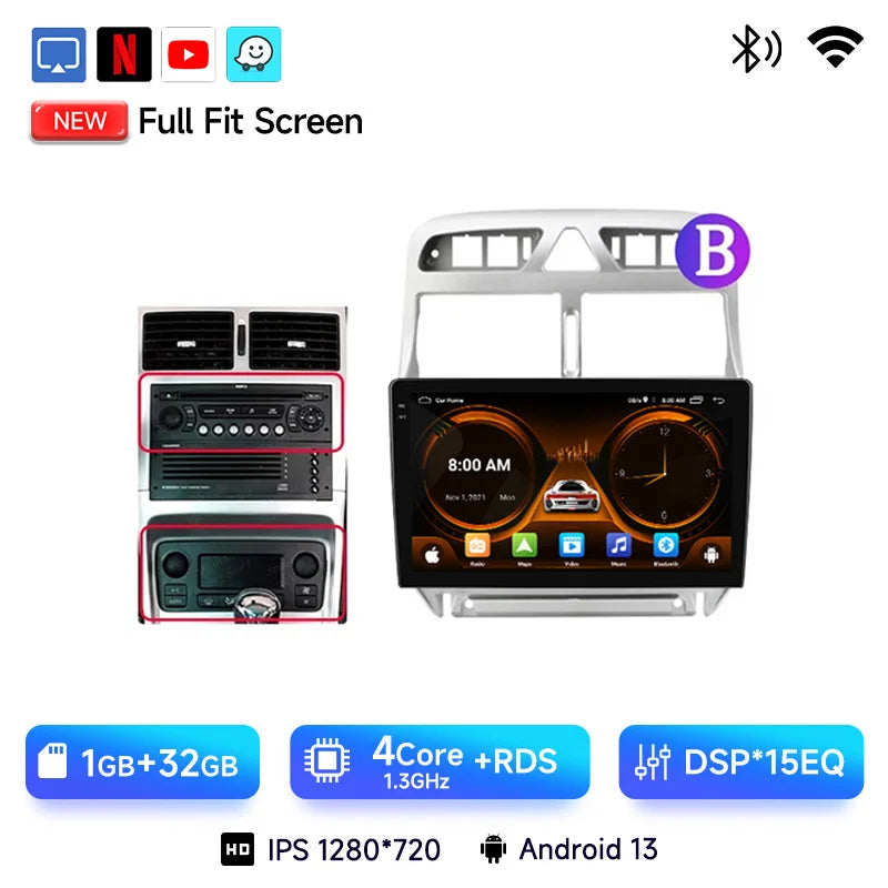 JIUYIN-Autoradio pour KIT 307, 307CC, 307SW, 2002-2013, CarPlay sans fil, Android Auto, systèmes intelligents de voiture, No 2 Din, DVD