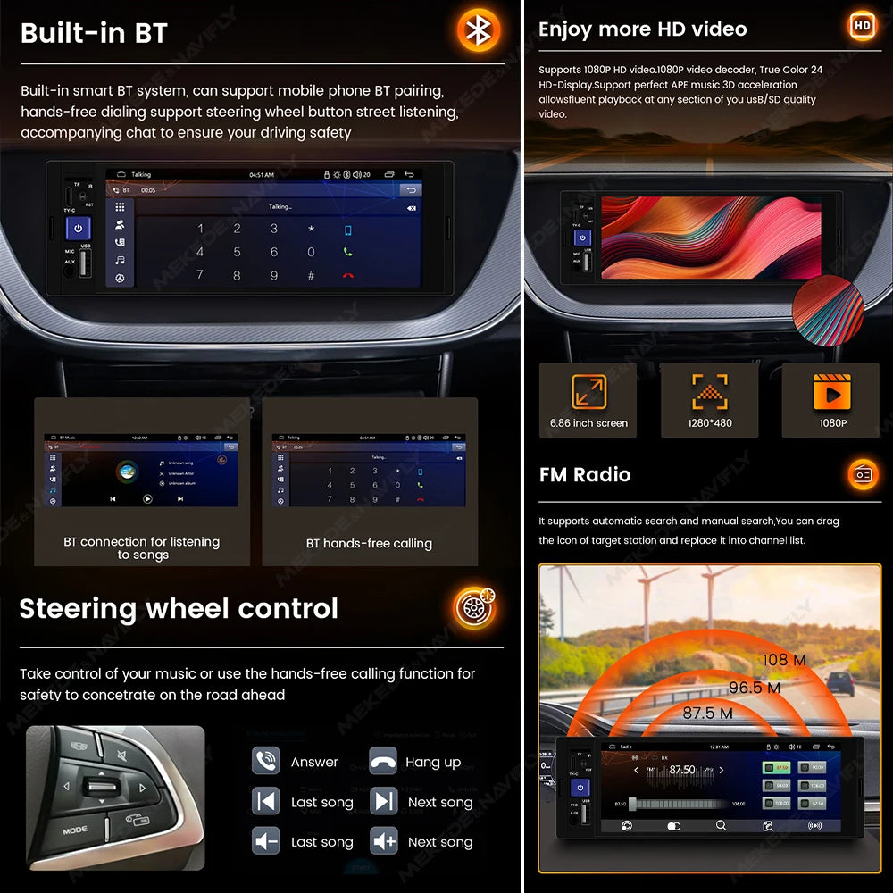 MEKEDE 6.86 pouces 1din Autoradio universelle MP5 type-c lecteur HD écran tactile Autoradio multimédia sans fil et filaire Carplay