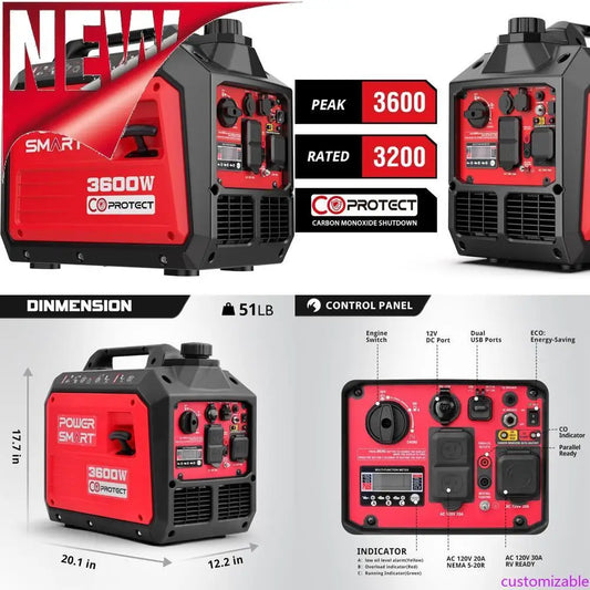 Générateur d'onduleur portable de 3600 watts avec protection CO, fonctionnement silencieux, 30 ampères RV-Ready