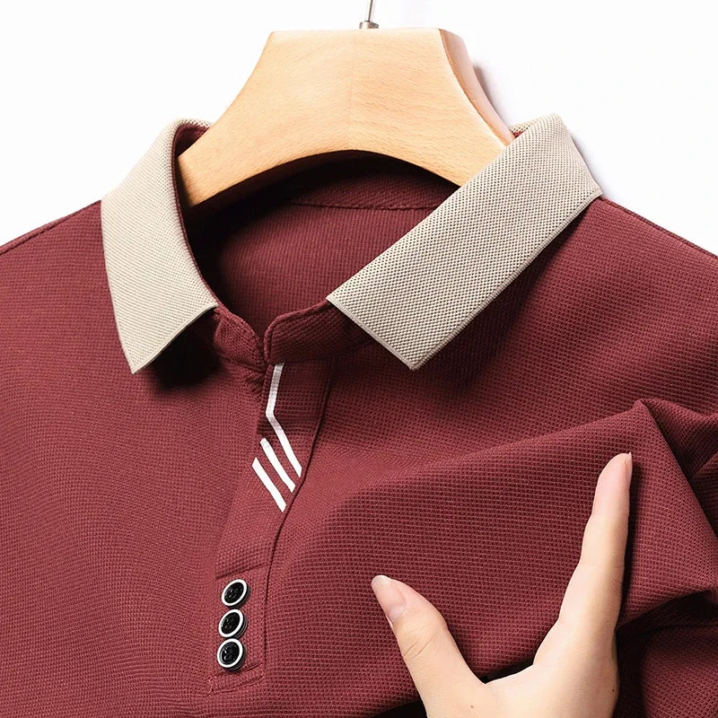 Polo à manches longues pour hommes, décontracté, couleur unie, à la mode, respirant, confortable, polyvalent, nouvelle collection