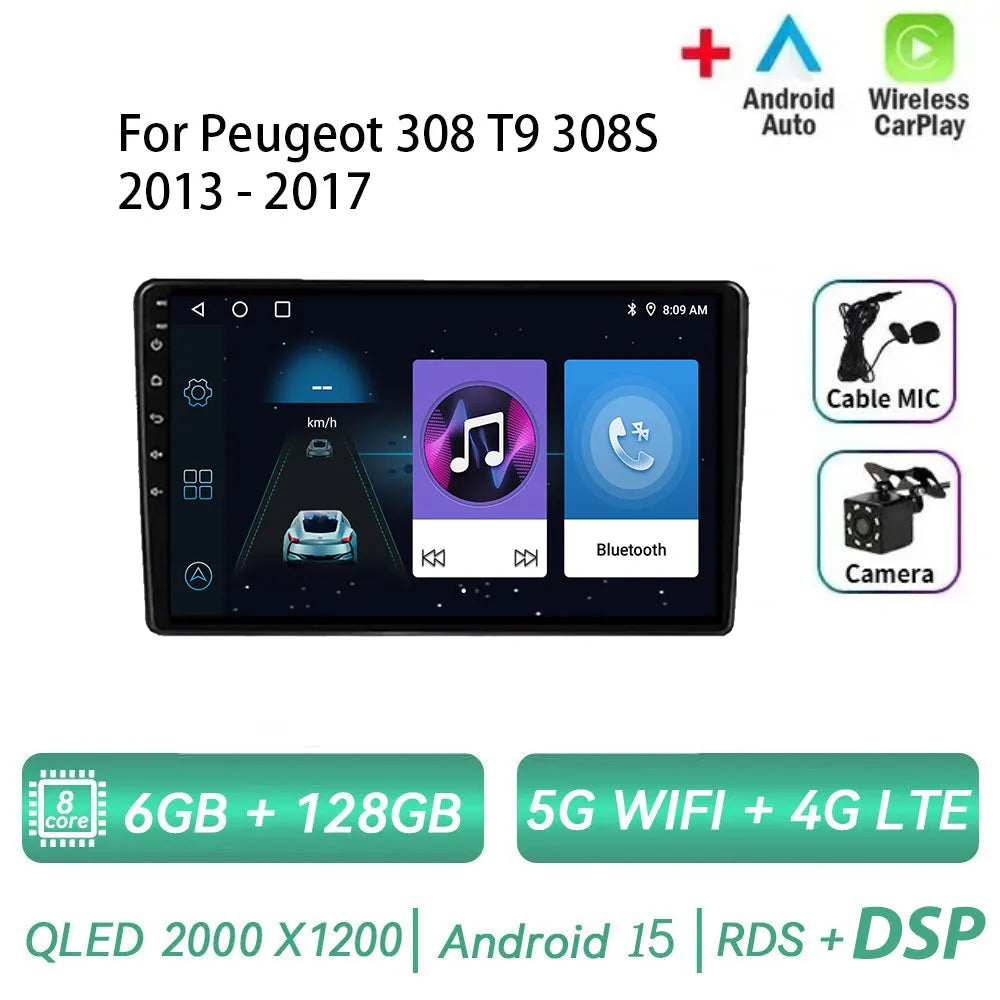 Android 15 pour Peugeot 308 T9 308S 2013 - 2017 Auto stéréo autoradio lecteur multimédia Navigation GPS 4G WIFI sans fil Carplay