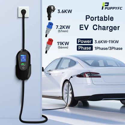 Puppyfc – chargeur EV Portable 3,6 kw/7 kw/11 kw, Type 2, charge rapide, prise CEE, câble Wallbox avec contrôle par application WiFi pour véhicule électrique