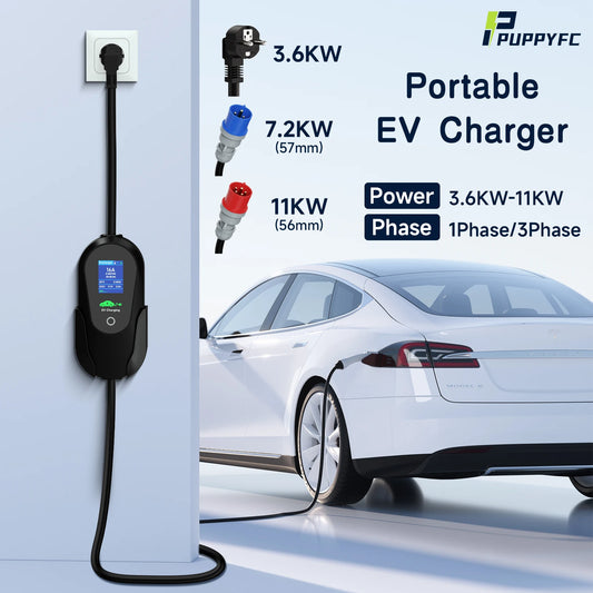 Puppyfc – chargeur EV Portable 3,6 kw/7 kw/11 kw, Type 2, charge rapide, prise CEE, câble Wallbox avec contrôle par application WiFi pour véhicule électrique
