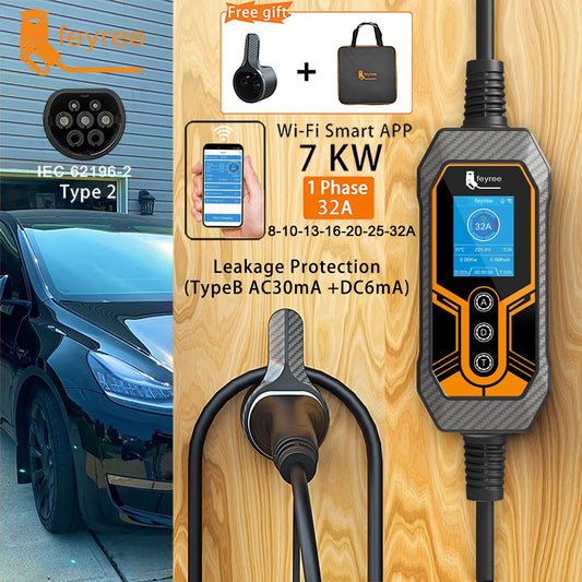 Feyree chargeur EV Portable Type2 32A 7kW EVSE Wi-Fi APP contrôle courant réglable synchronisation intelligente charge pour usage domestique et extérieur