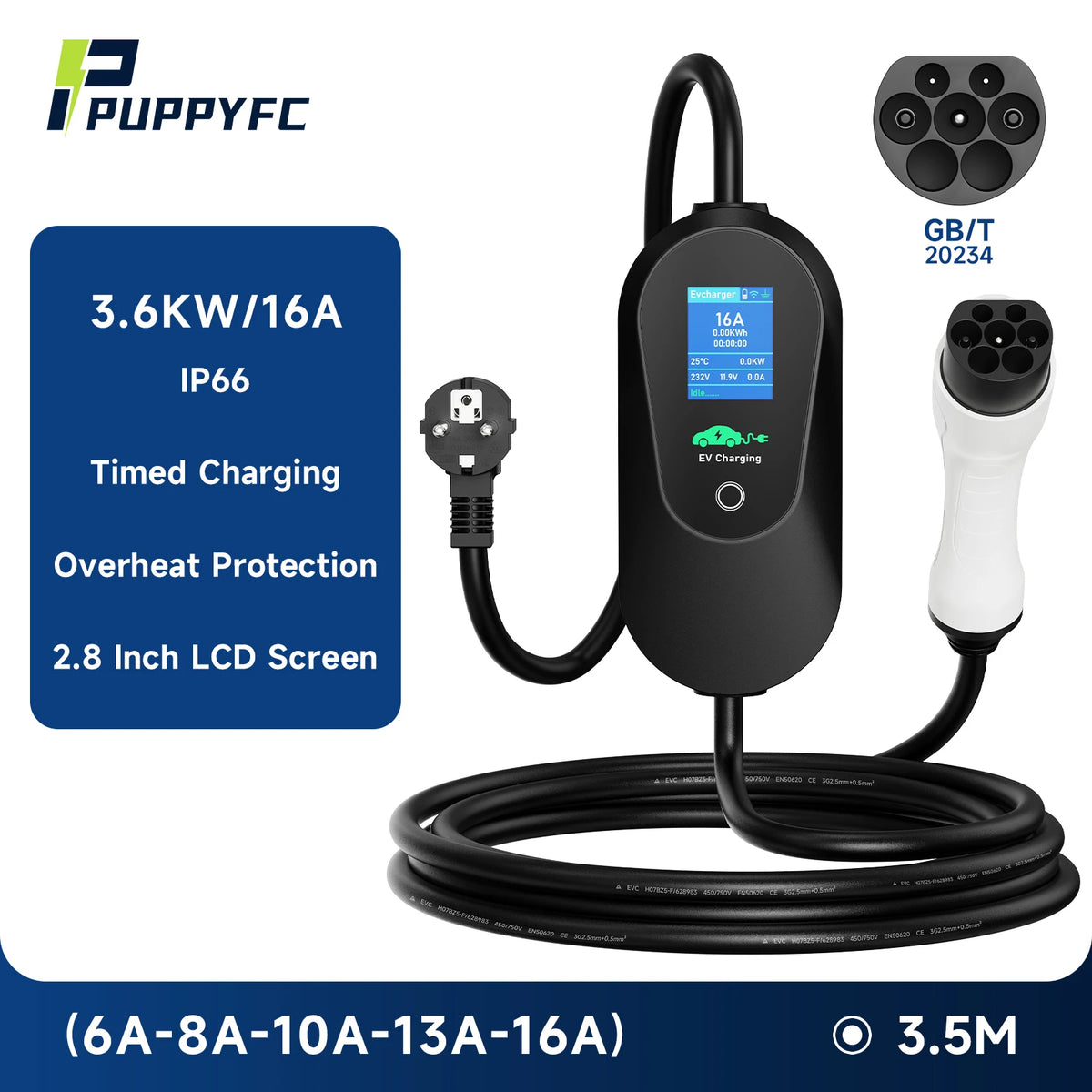 Puppyfc – chargeur EV Portable 3,6 kw, Type2/Type1 SAE J1772 GB/T 16A, boîte murale de charge rapide, câble de 3.5m avec contrôle par application WiFi