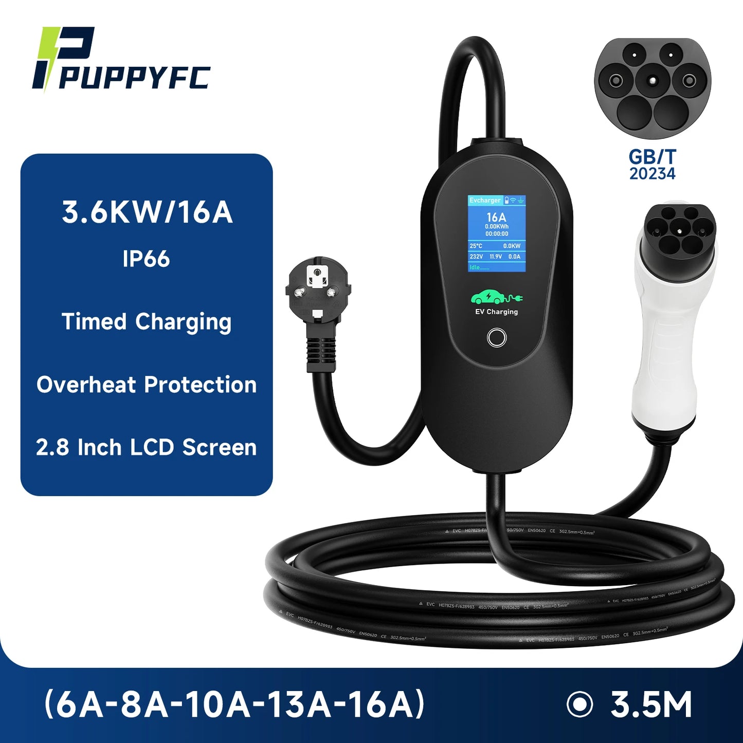 Puppyfc – chargeur EV Portable 3,6 kw, Type2/Type1 SAE J1772 GB/T 16A, boîte murale de charge rapide, câble de 3.5m avec contrôle par application WiFi