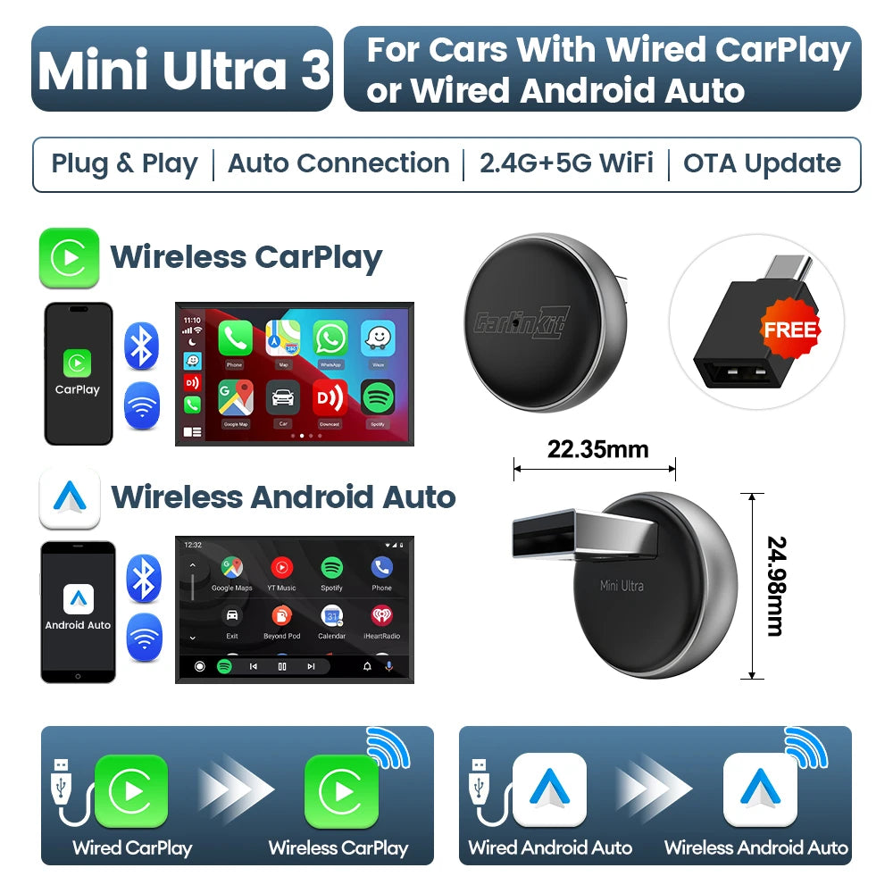 Mini Ultra 3 CarlinKit 5.0 adaptateur sans fil sans fil CarPlay Android Auto pour voiture OEM Plug & Play WiFi Bluetooth connexion automatique
