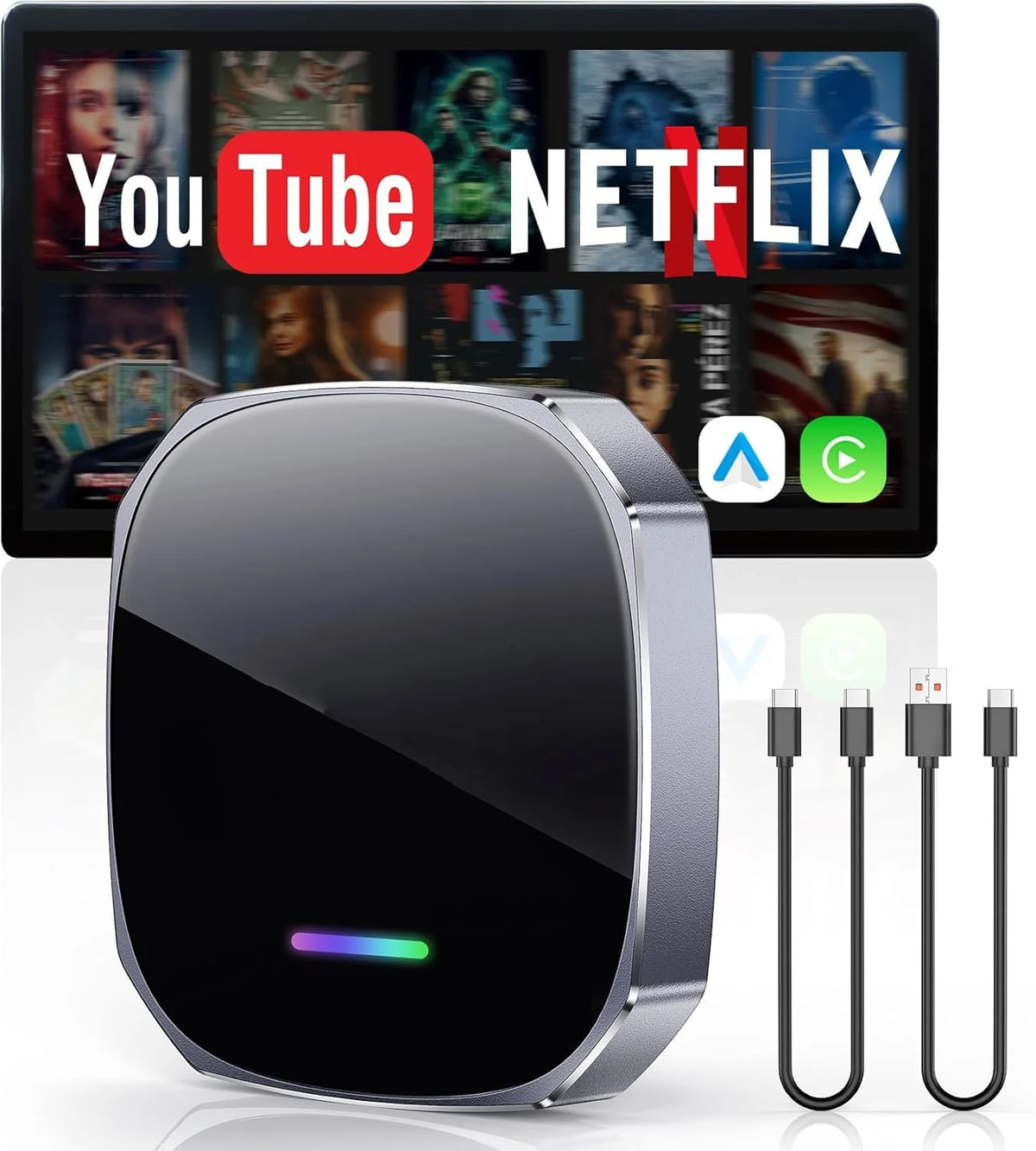Adaptateur sans fil Android Auto Apple CarPlay double WiFi Plug And Play, boîtier intelligent AI avec Youtube Netflix IPTV TikTok, 2026