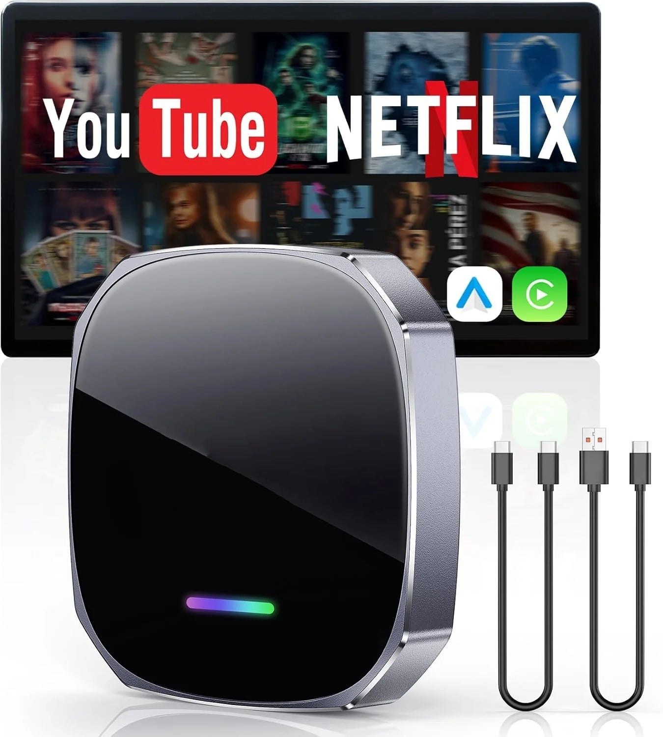 Adaptateur sans fil Android Auto Apple CarPlay double WiFi Plug And Play, boîtier intelligent AI avec Youtube Netflix IPTV TikTok, 2026