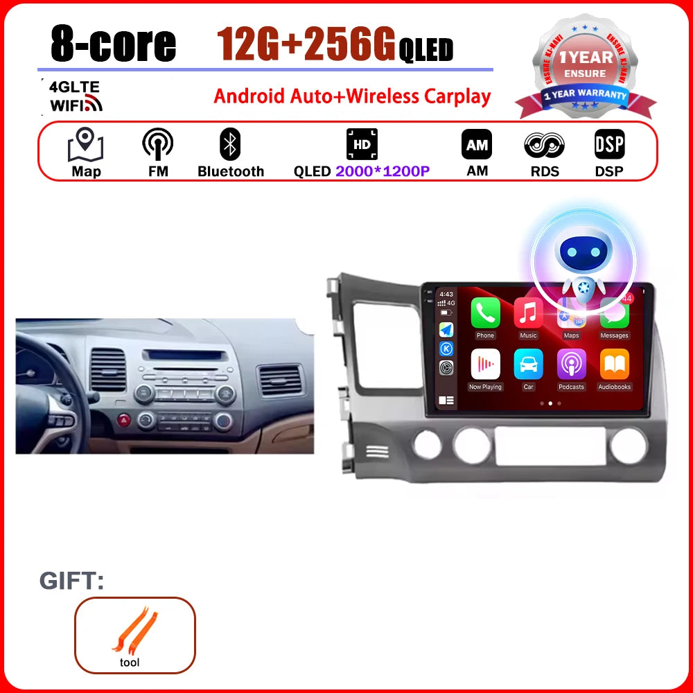 Android 15 Carplay autoradio pour Honda Civic 8 2005 - 2012 lecteur multimédia Navigation GPS 4G Audio No 2 Din 2 Din DVD