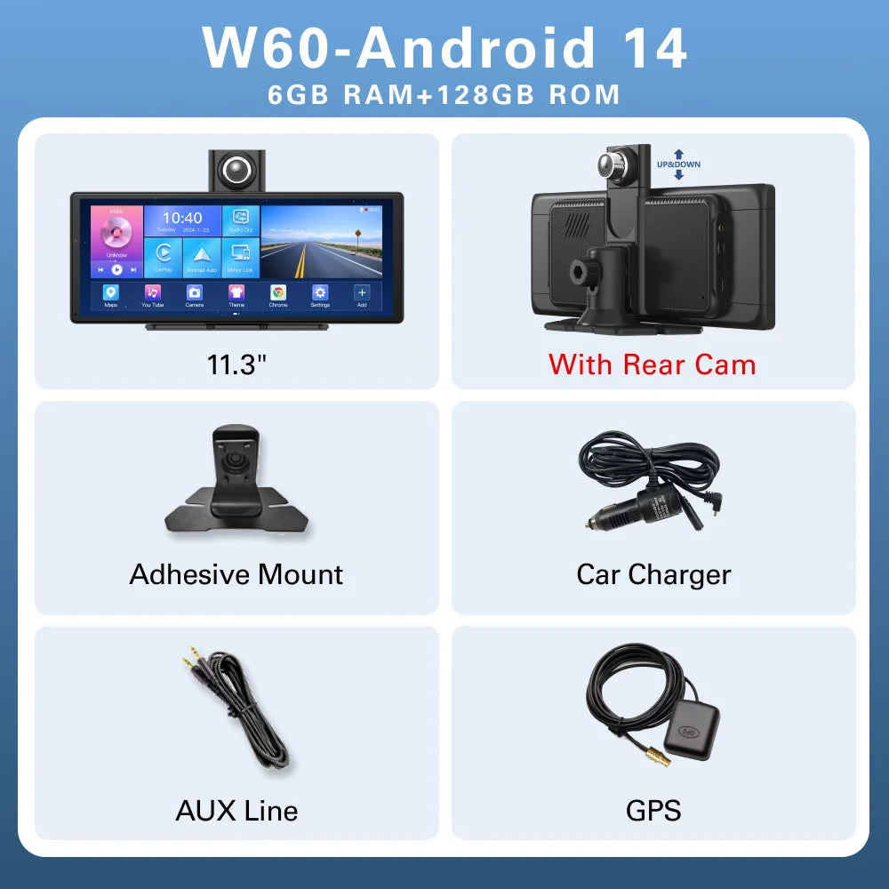 W60 11.3 ''8 Core Android 14 6 + 128GB lecteur multimédia Carplay et Android Auto 5G WiFi Google Play Youtube Netflix OTA mise à niveau