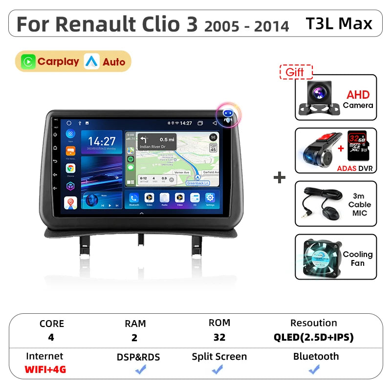 Srnubi CarPlay autoradio lecteur multimédia pour Renault Clio 3 2005 2006 2007 2008 2009 2010-2014 Android Auto GPS 2din autoradio