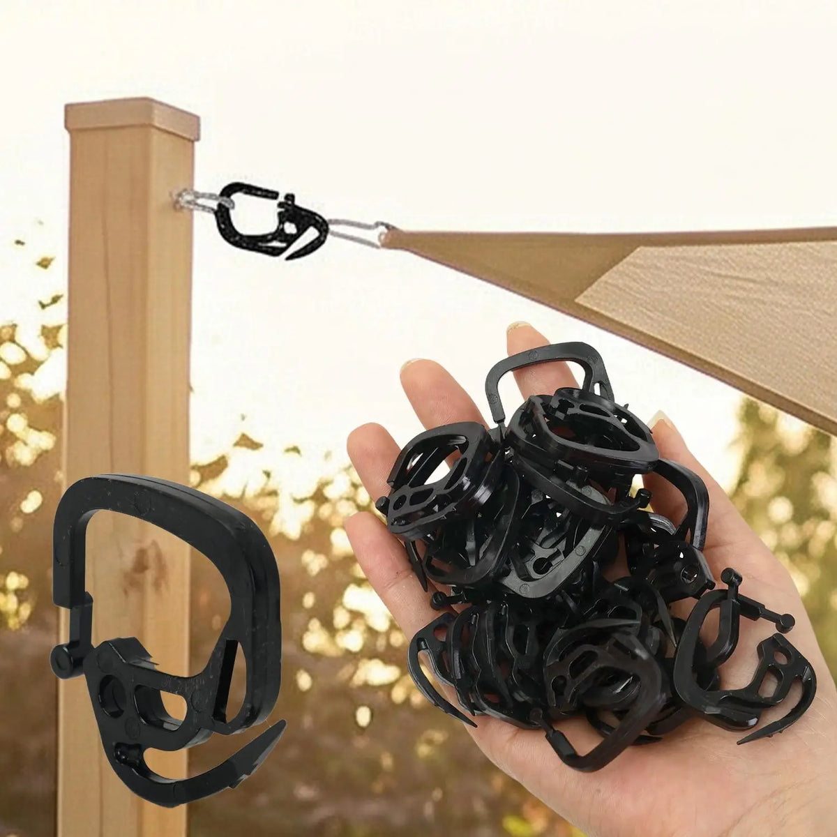 50/100x Portable    Clip de fixation pour filet pare-soleil en plastique, crochet noir pour toile d'ombrage, boucle de serrage, pour camping extérieur, réutilisable