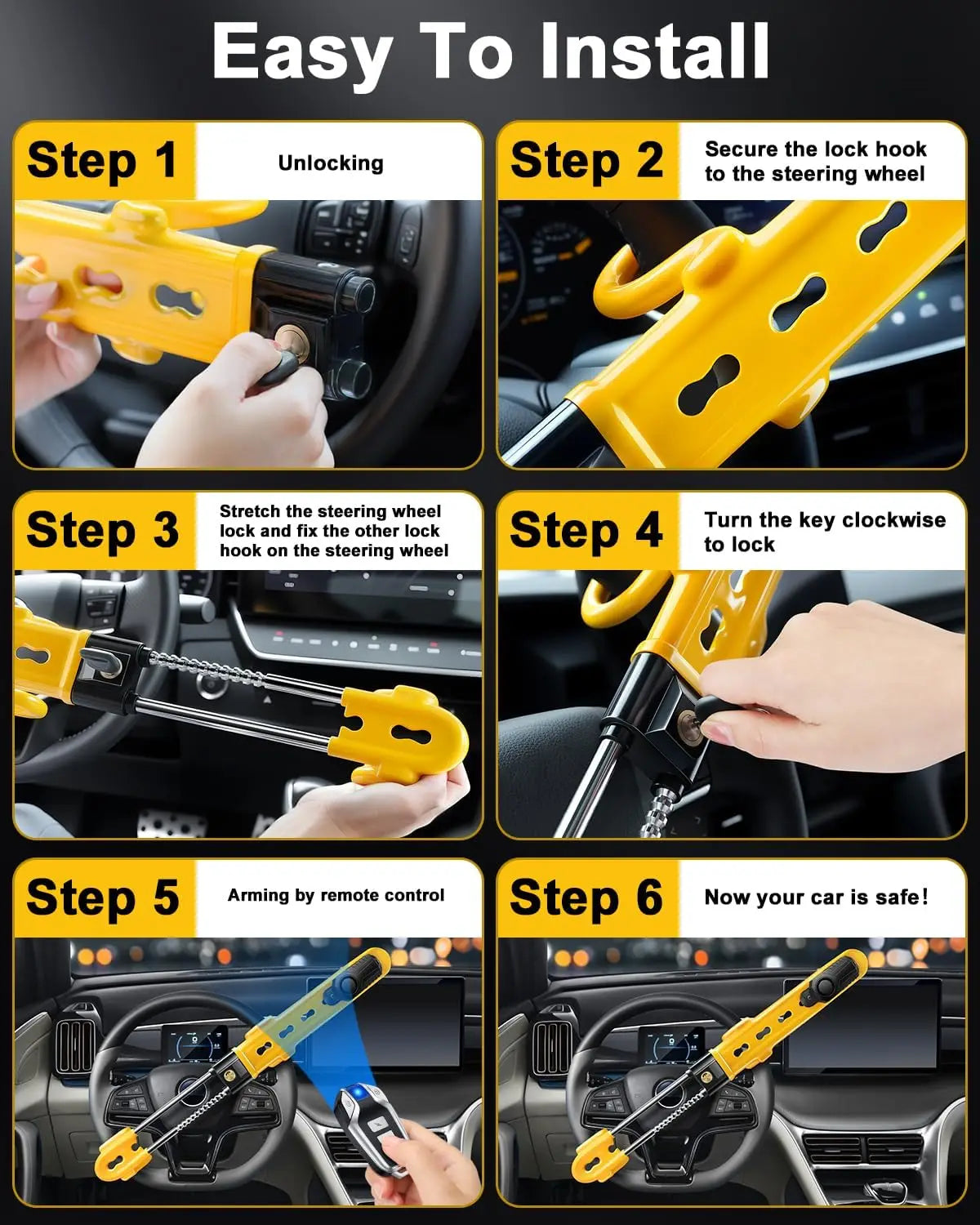 Verrouillage de volant d'alarme 113dB, dispositif de voiture antivol robuste avec sensibilité réglable pour camion Van SUV automatique