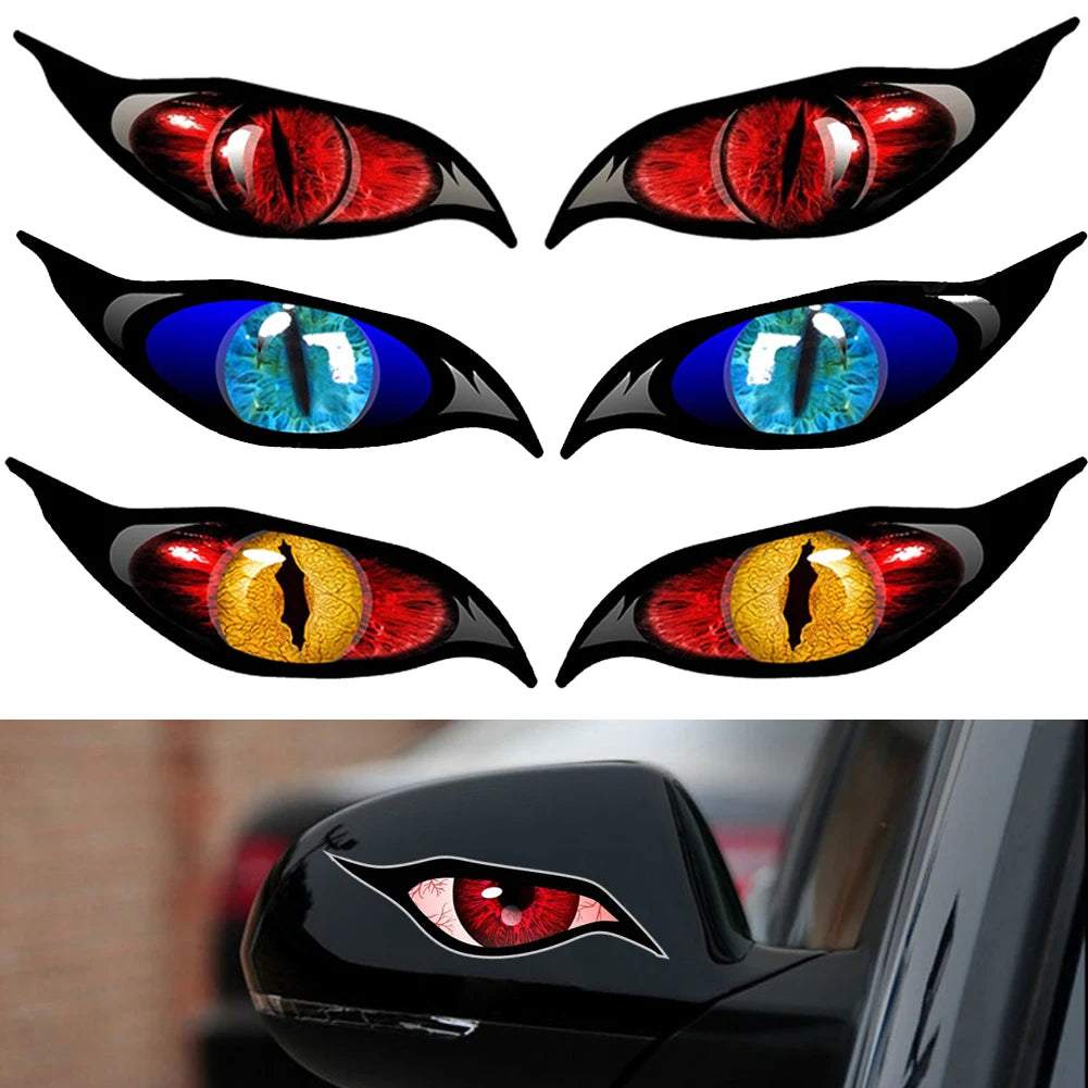 Autocollant de voiture 2 pièces personnalité rouge bleu mauvais œil Zombie crème solaire autocollant étanche pour rétroviseur PVC, 14cm * 6cm