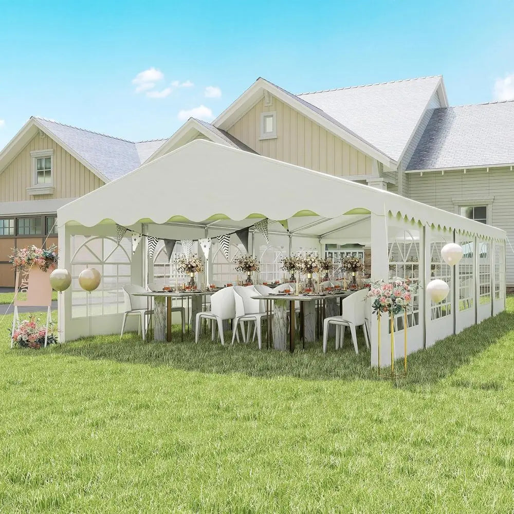 Grande tente de réception extérieure robuste avec parois amovibles, 10 fenêtres, 2 portes, idéale pour les événements, les mariages, les barbecues, blanche
