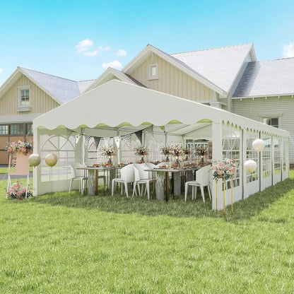 Grande tente de réception extérieure robuste avec parois amovibles, 10 fenêtres, 2 portes, idéale pour les événements, les mariages, les barbecues, blanche