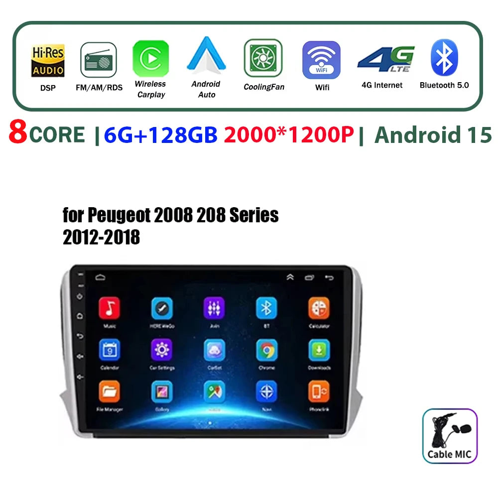 Autoradio multimédia Android 16 pour Peugeot 2008 208 Série 2012-2018 Lecteur Navigation GPS CarPlay sans fil Radio DVD Unité principale