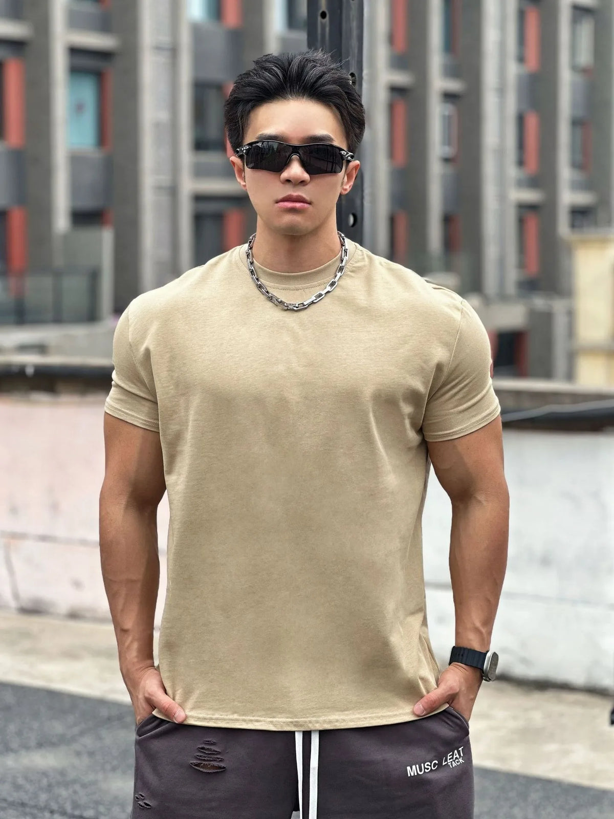 T-shirt de sport musculaire beige pour homme, manches courtes, coton élastique, fitness, basket-ball, course à pied, entraînement, gym, automne