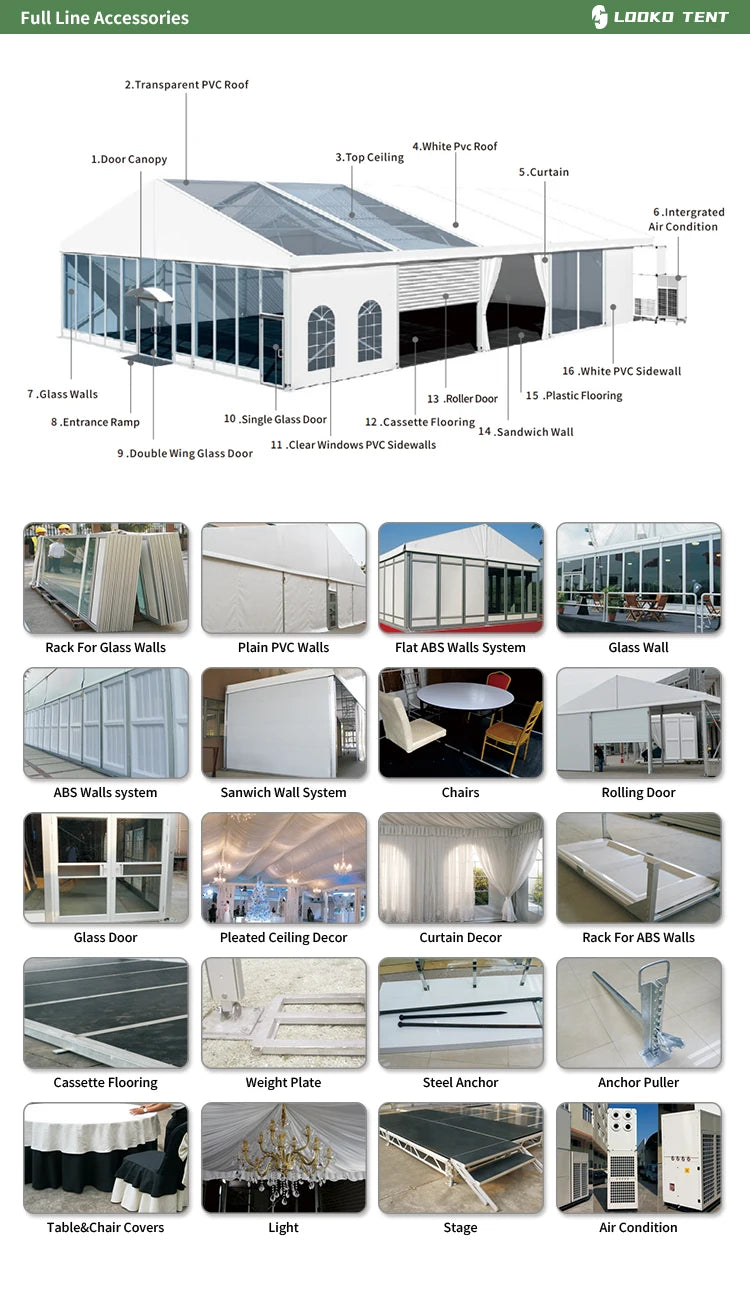 Tente de réception de luxe commerciale en aluminium et verre pour événements extérieurs, chapiteau, atrium, pour 200 à 500 personnes