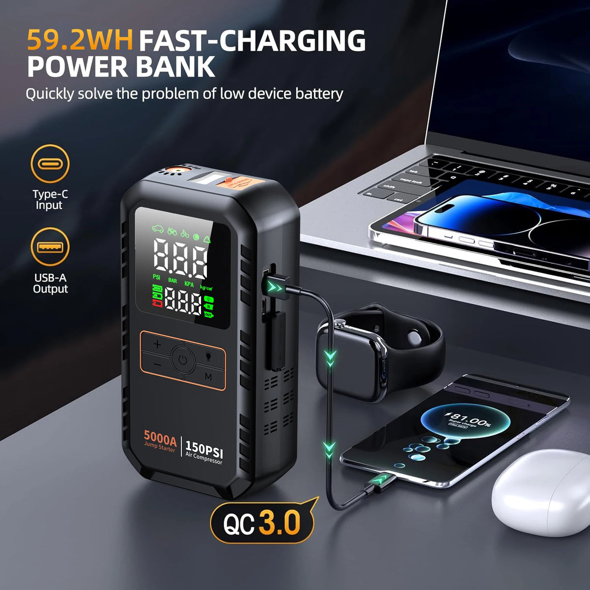 Démarreur de saut de voiture 4 en 1 avec compresseur d'air, Peak 5000A, Booster de batterie automatique, pompe à Air 150PSI, batterie externe Portable, gonfleur de pneus