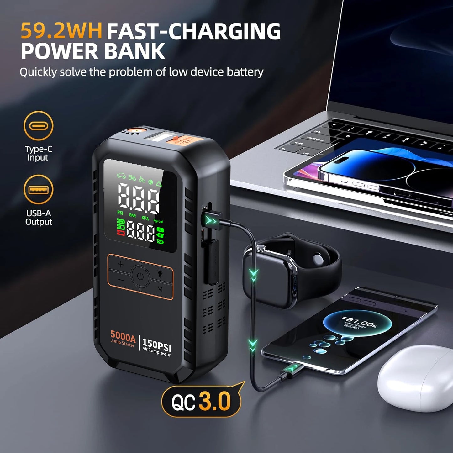 Démarreur de saut de voiture 4 en 1 avec compresseur d'air, Peak 5000A, Booster de batterie automatique, pompe à Air 150PSI, batterie externe Portable, gonfleur de pneus