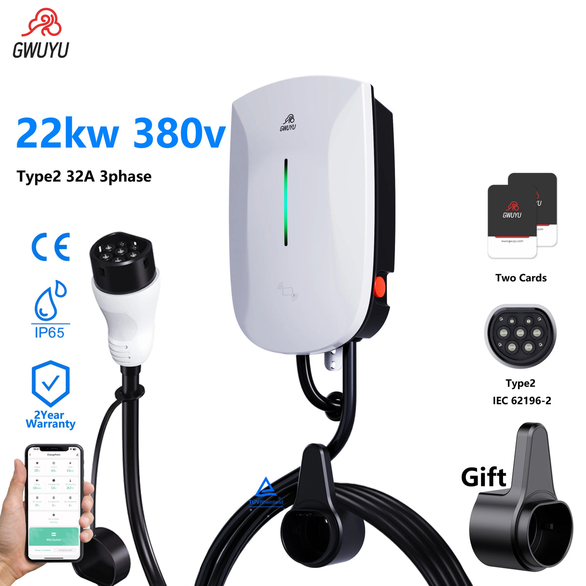 GWUYU Wallbox EV chargeur Type2 32A 7KW 16A 11KW 32A 22KW Station de recharge de véhicule électrique triphasé 5m câble prise en charge du contrôle par application