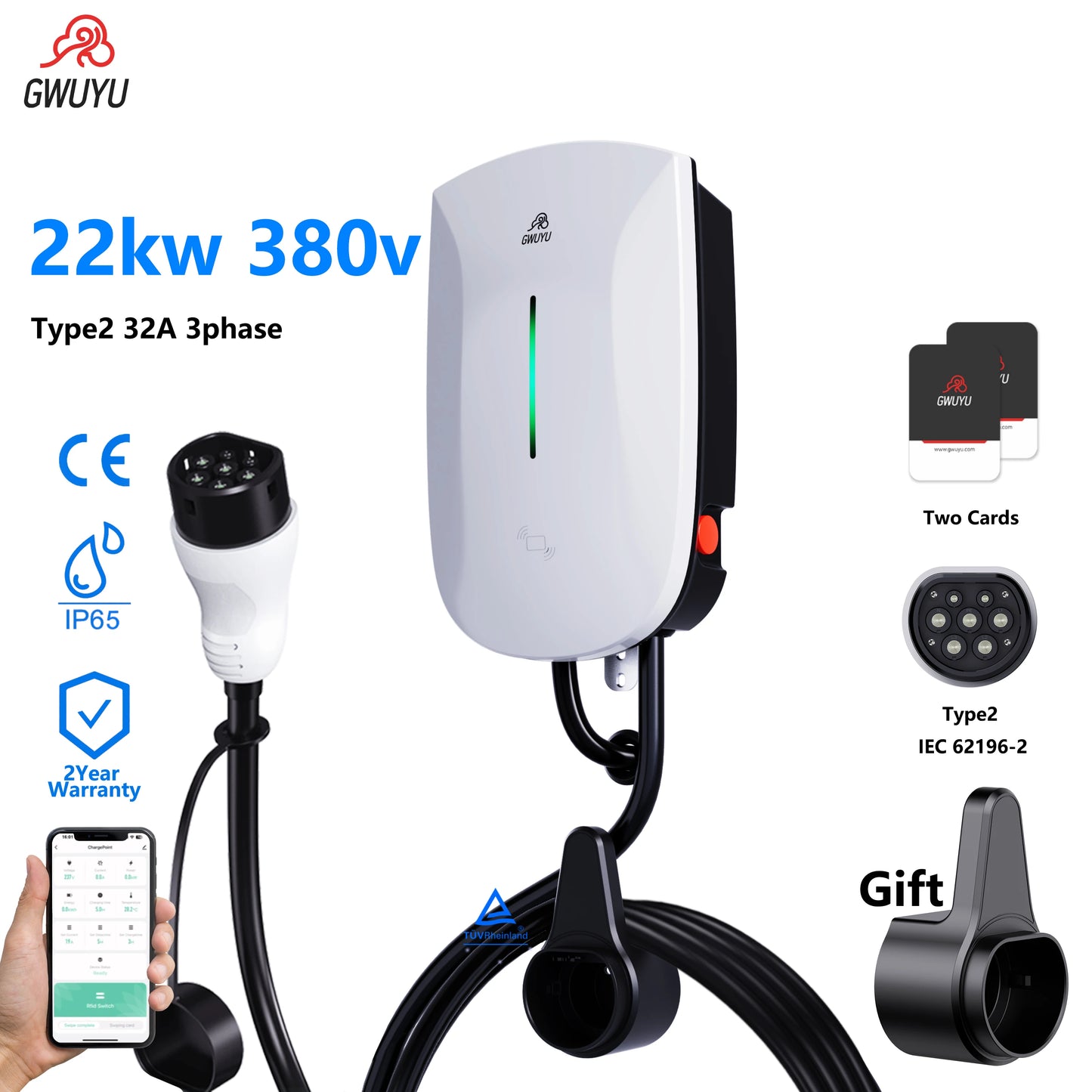 GWUYU Wallbox EV chargeur Type2 32A 7KW 16A 11KW 32A 22KW Station de recharge de véhicule électrique triphasé 5m câble prise en charge du contrôle par application