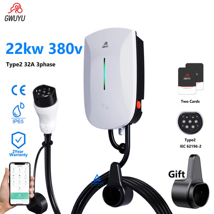 GWUYU Wallbox EV chargeur Type2 32A 7KW 16A 11KW 32A 22KW Station de recharge de véhicule électrique triphasé 5m câble prise en charge du contrôle par application