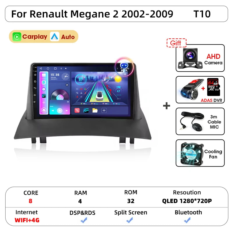 Android Carplay Auto pour Renault Megane 2 2002 2003 2004 2005 2006 2007 2008 2009 lecteur d'autoradio multimédia WIFI + 4G stéréo