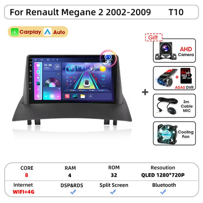 Android Carplay Auto pour Renault Megane 2 2002 2003 2004 2005 2006 2007 2008 2009 lecteur d'autoradio multimédia WIFI + 4G stéréo