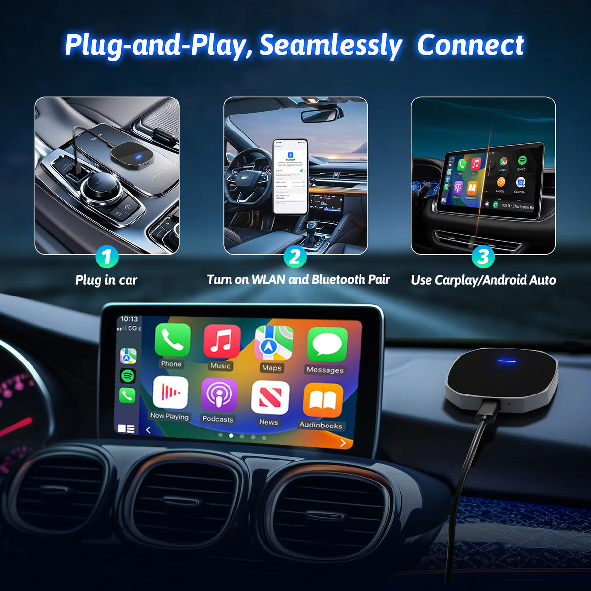 Adaptateur sans fil Android Auto Apple CarPlay double WiFi Plug And Play, boîtier intelligent AI avec Youtube Netflix IPTV TikTok, 2026