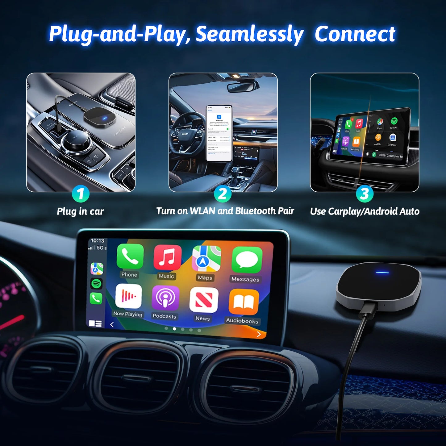 Adaptateur sans fil Android Auto Apple CarPlay double WiFi Plug And Play, boîtier intelligent AI avec Youtube Netflix IPTV TikTok, 2026