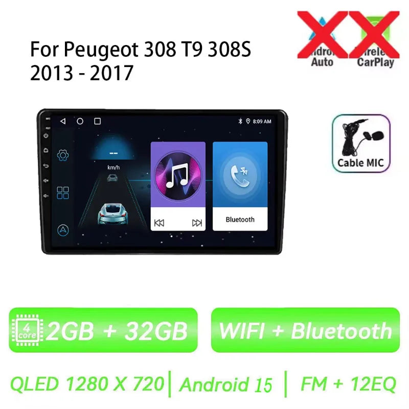Android 15 pour Peugeot 308 T9 308S 2013 - 2017 Auto stéréo autoradio lecteur multimédia Navigation GPS 4G WIFI sans fil Carplay