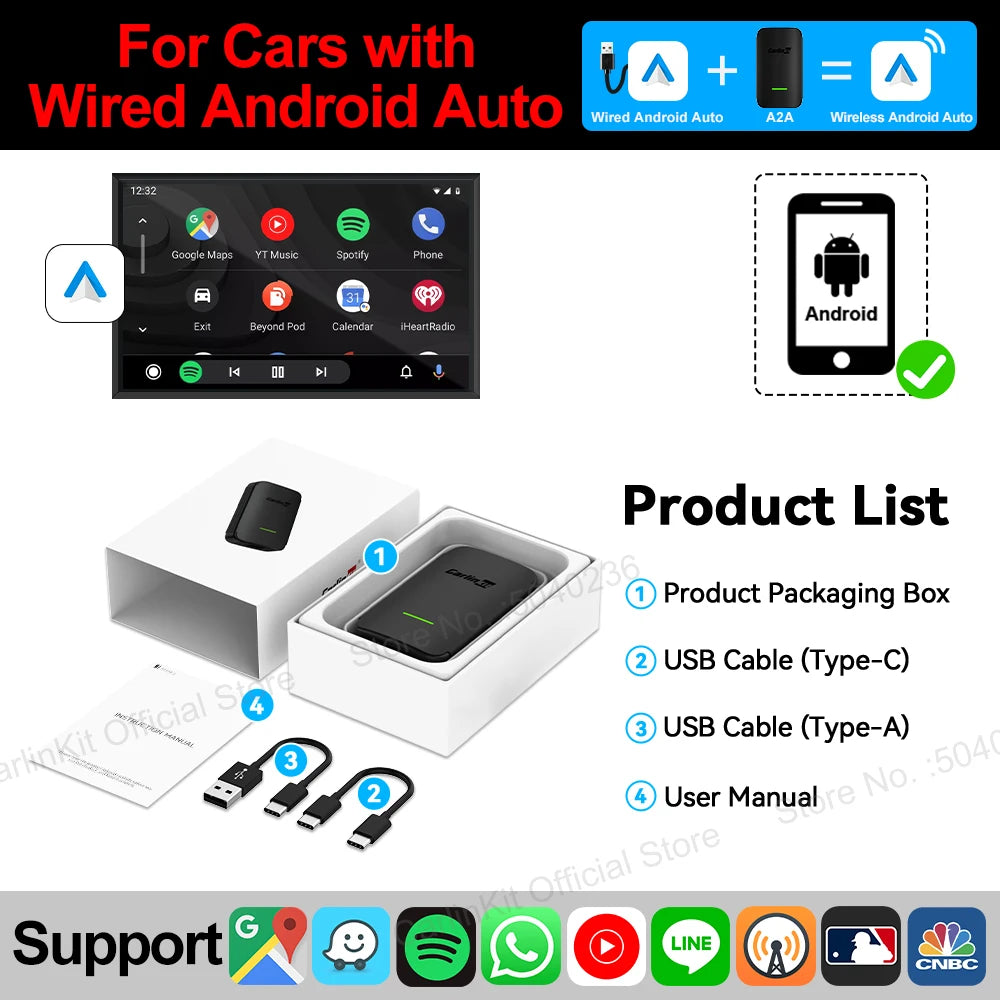 2026 CarlinKit Android Auto adaptateur sans fil Smart Ai Box Plug and Play Bluetooth WiFi connexion automatique pour les voitures automatiques Android filaires