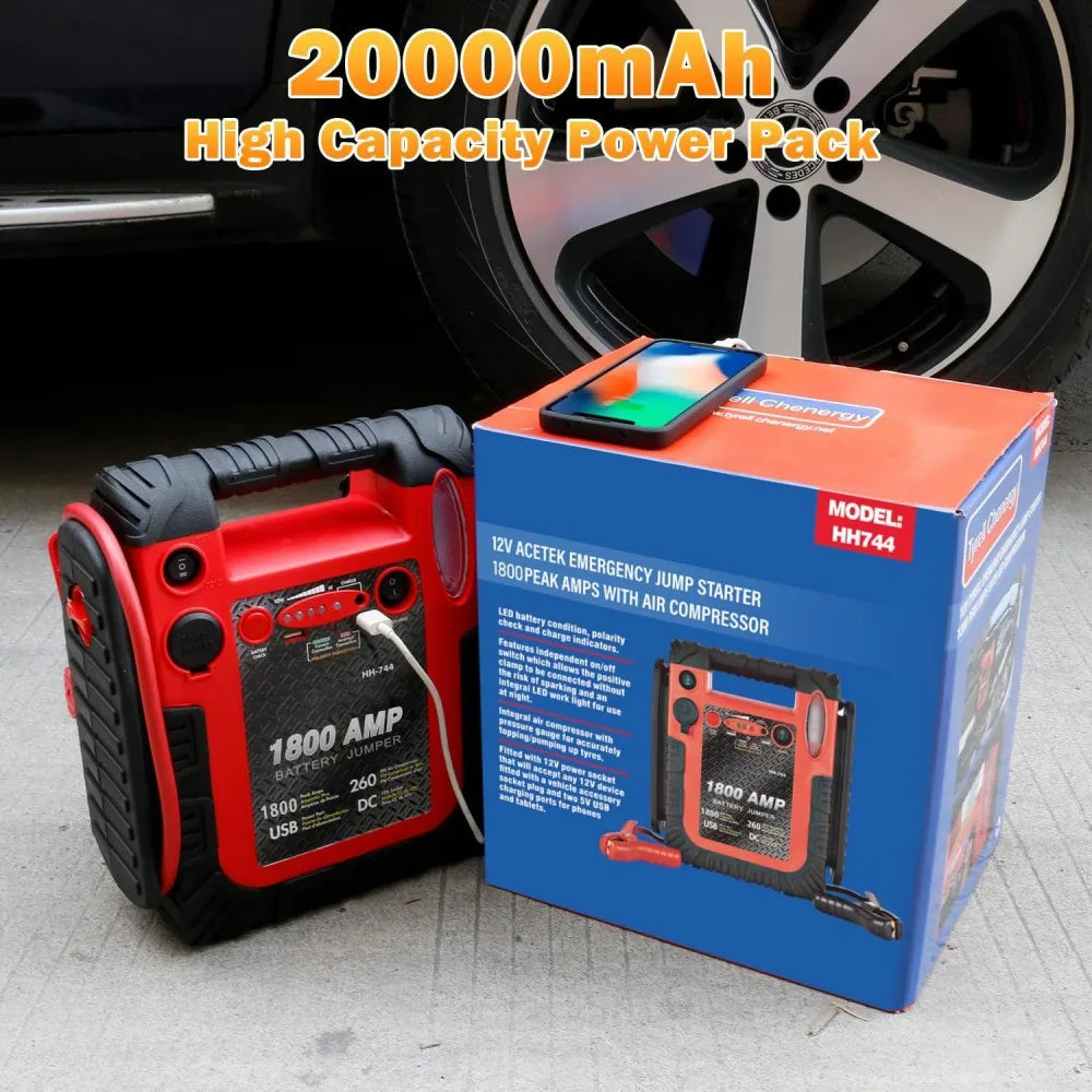 Démarreur de saut Portable pour batterie de voiture 1800A, outil d'urgence 12V, démarreur de saut automatique avec compresseur d'air pour voiture