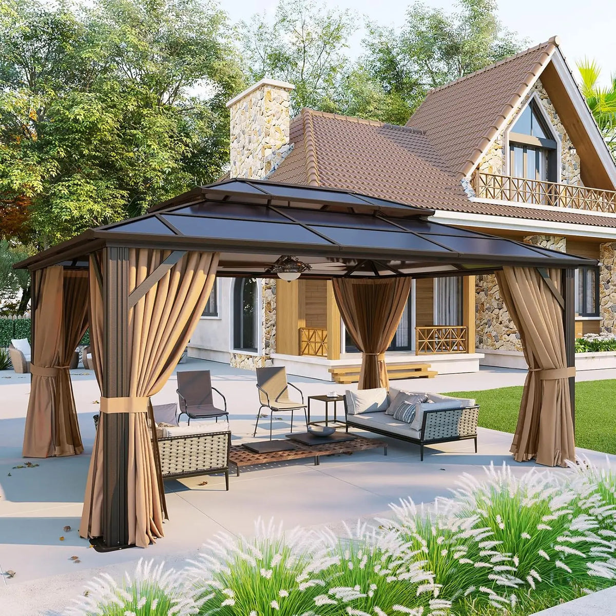 Gazebo à toit rigide en aluminium 12x16 avec rideaux et moustiquaire, toit double en polycarbonate pour jardin, pelouse, terrasse, sur mesure