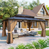 Gazebo à toit rigide en aluminium 12x16 avec rideaux et moustiquaire, toit double en polycarbonate pour jardin, pelouse, terrasse, sur mesure