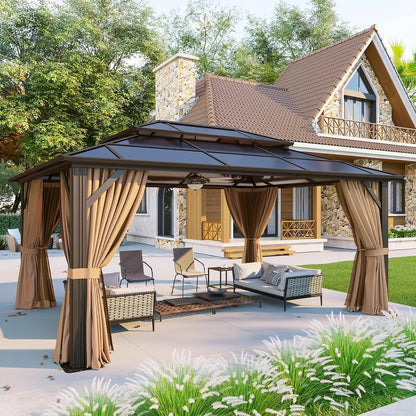 Gazebo à toit rigide en aluminium 12x16 avec rideaux et moustiquaire, toit double en polycarbonate pour jardin, pelouse, terrasse, sur mesure