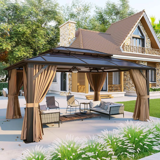 Gazebo à toit rigide en aluminium 12x16 avec rideaux et moustiquaire, toit double en polycarbonate pour jardin, pelouse, terrasse, sur mesure