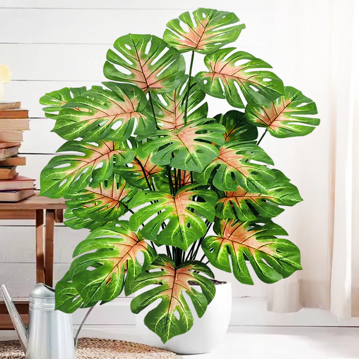 ورقة Monstera اصطناعية بلاستيكية، نبات مزيف للزينة بوعاء، مناسبة لديكور المنزل، 60-100 سم