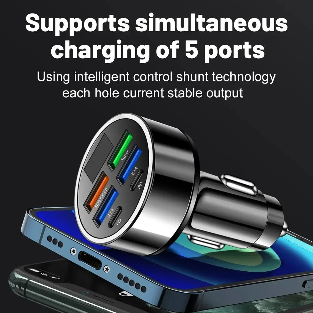 Chargeur de voiture à charge rapide, 66-250W, PD, QC3.0, une à six voitures, prise allume-cigare Laguna, charge flash avec affichage numérique
