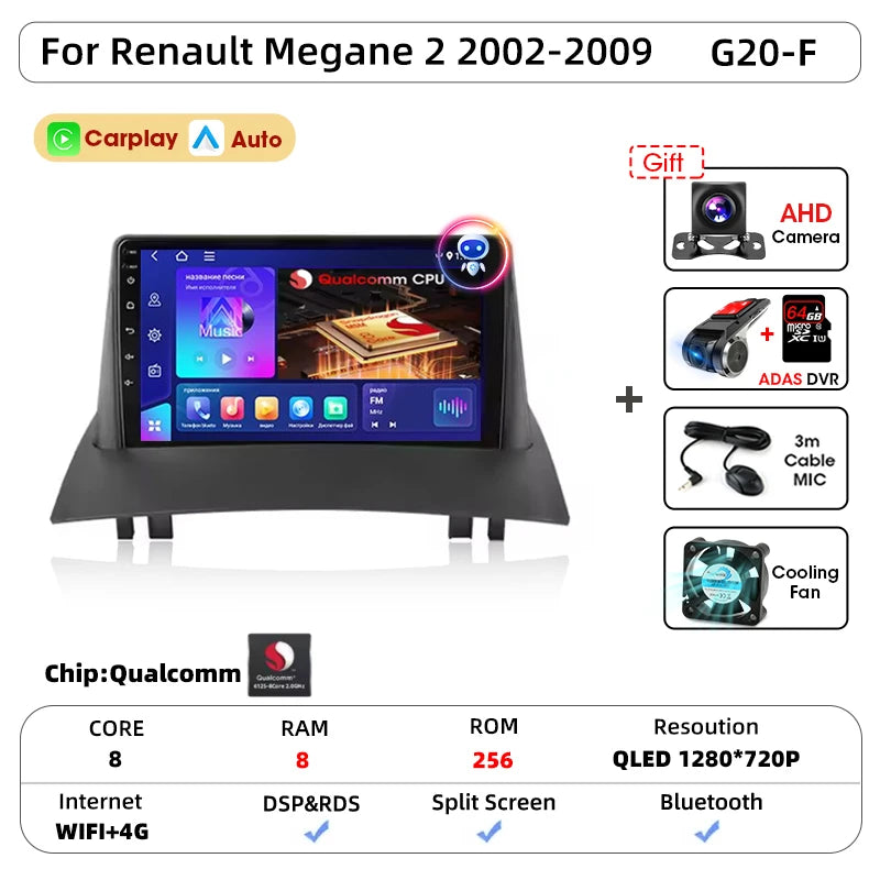Android Carplay Auto pour Renault Megane 2 2002 2003 2004 2005 2006 2007 2008 2009 lecteur d'autoradio multimédia WIFI + 4G stéréo