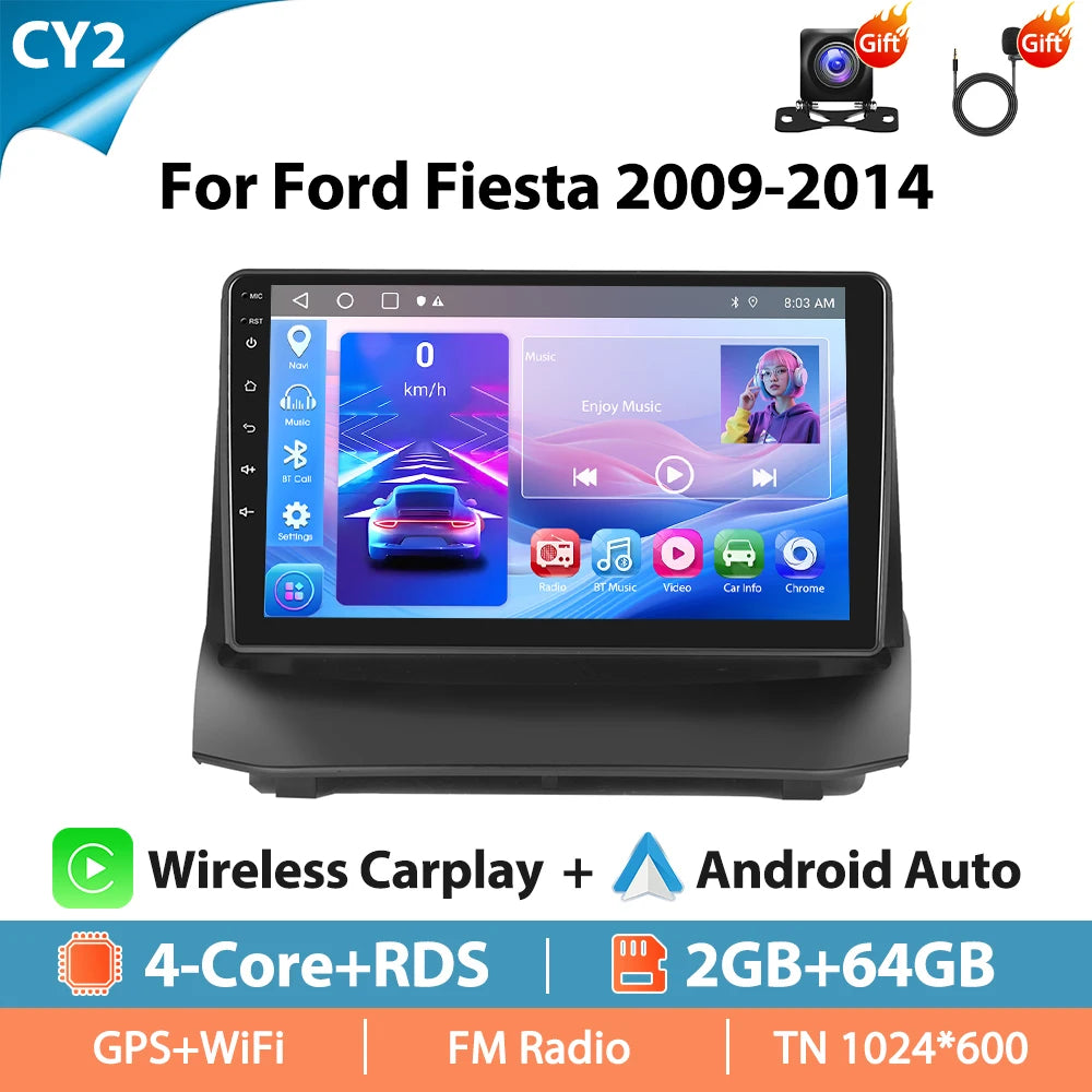 Autoradio Hikity 9 pouces 4G pour Ford Fiesta 2009-2014, lecteur multimédia vidéo, Carplay, Android Auto, 8 cœurs, WIFI, 4G, GPS, Mirrorlink, BT