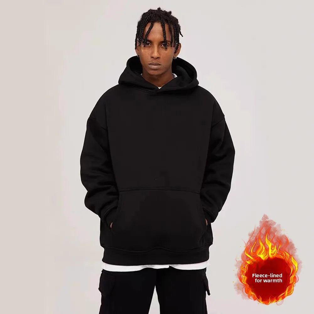 Sweat à capuche pour hommes, polaire épaisse, coupe ample, couleur unie, Style coréen, à la mode, haut décontracté en Fiber de Polyester, hiver