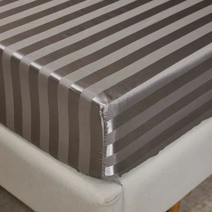 Satin-injFitted-طقم ملاءات سرير كوين، رمادي، ناعم، مبرد، جيب عميق، أطقم مفروشات، مخطط، سادة، غطاء مرتبة