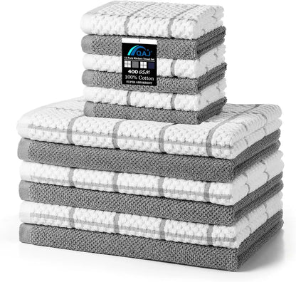 Ensemble de 12 torchons et chiffons de cuisine en coton, doux et absorbants, 16x25 pouces et 13x13 pouces pour la maison