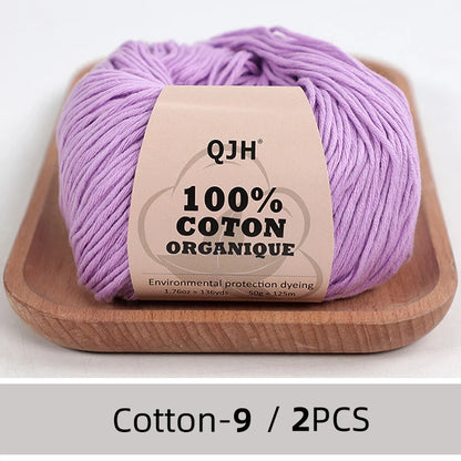 QJH Fil 100% coton biologique, fil pour tricoter, crochet et artisanat, paquet de 2 - 1,76 oz/136 mètres/1 pièce, léger, Dk