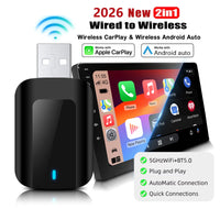 Mini adaptateur CarPlay Android Auto sans fil 2 en 1, avec WiFi 5G BT5.0, Plug and Play, pour voiture filaire en usine, conception compacte, nouveauté 2026